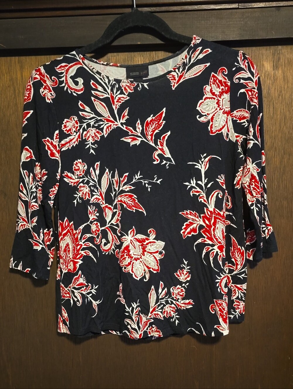 J. Jill Women’s Black Floral 3/4 Sleeve Top - Red & White Print
